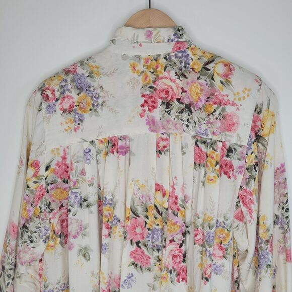 Vintage Floral Oversized Button Up Top Size S Pleated Longline Flowy Cottage - Picture 8 of 11